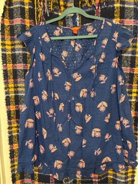 Joe Fresh Navy Blue Floral Cap-Sleeve Blouse